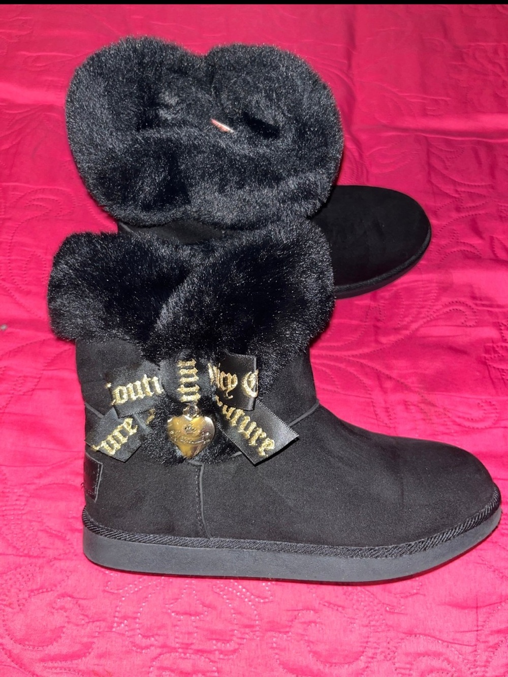 Juicy Couture Black Faux Fur Cuffed Winter Boots with Ribbon Heart Charm